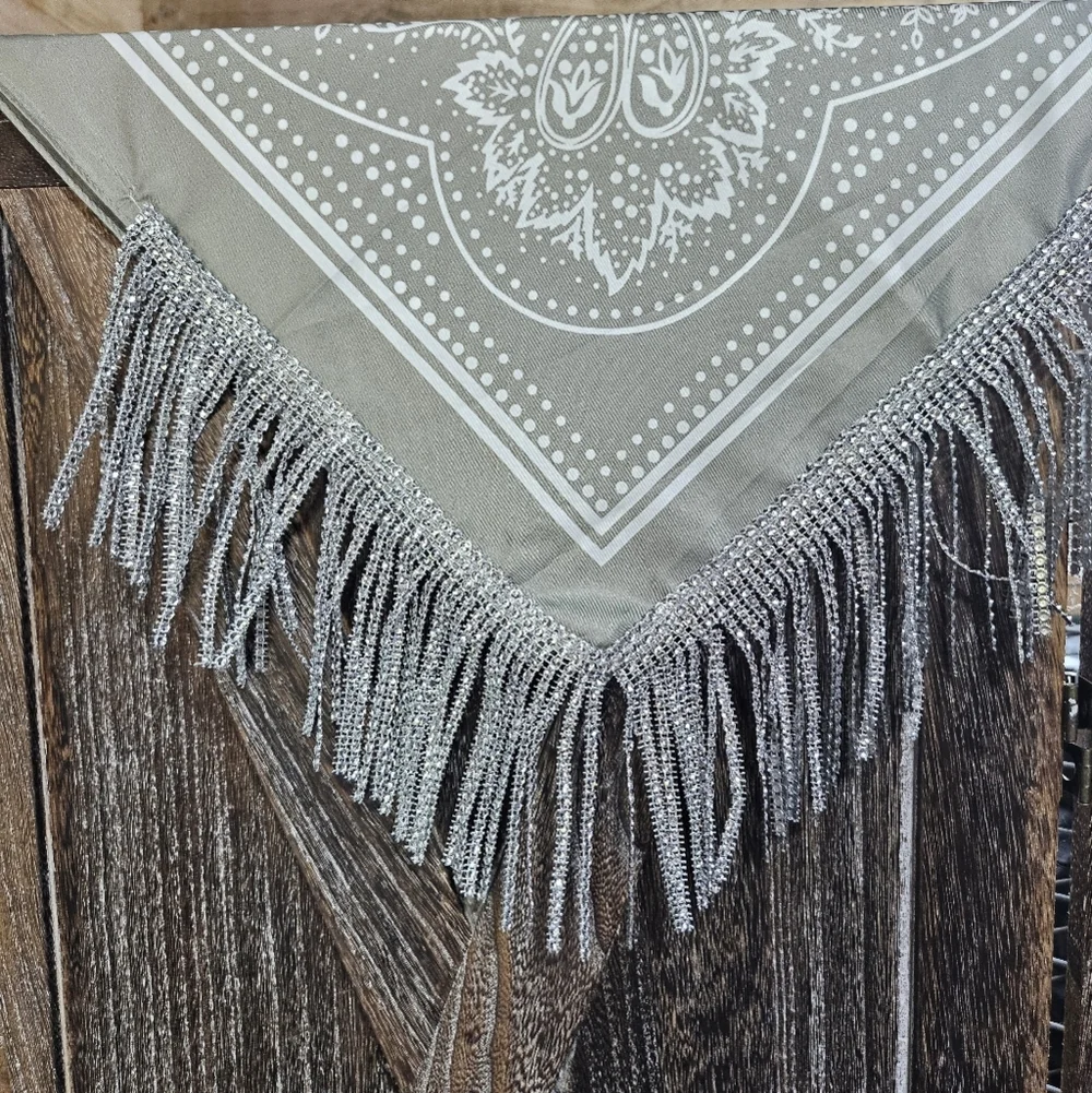 NWT Green Grey Satin Bandana Wild Rag with Beaded Rhinestone Fringe